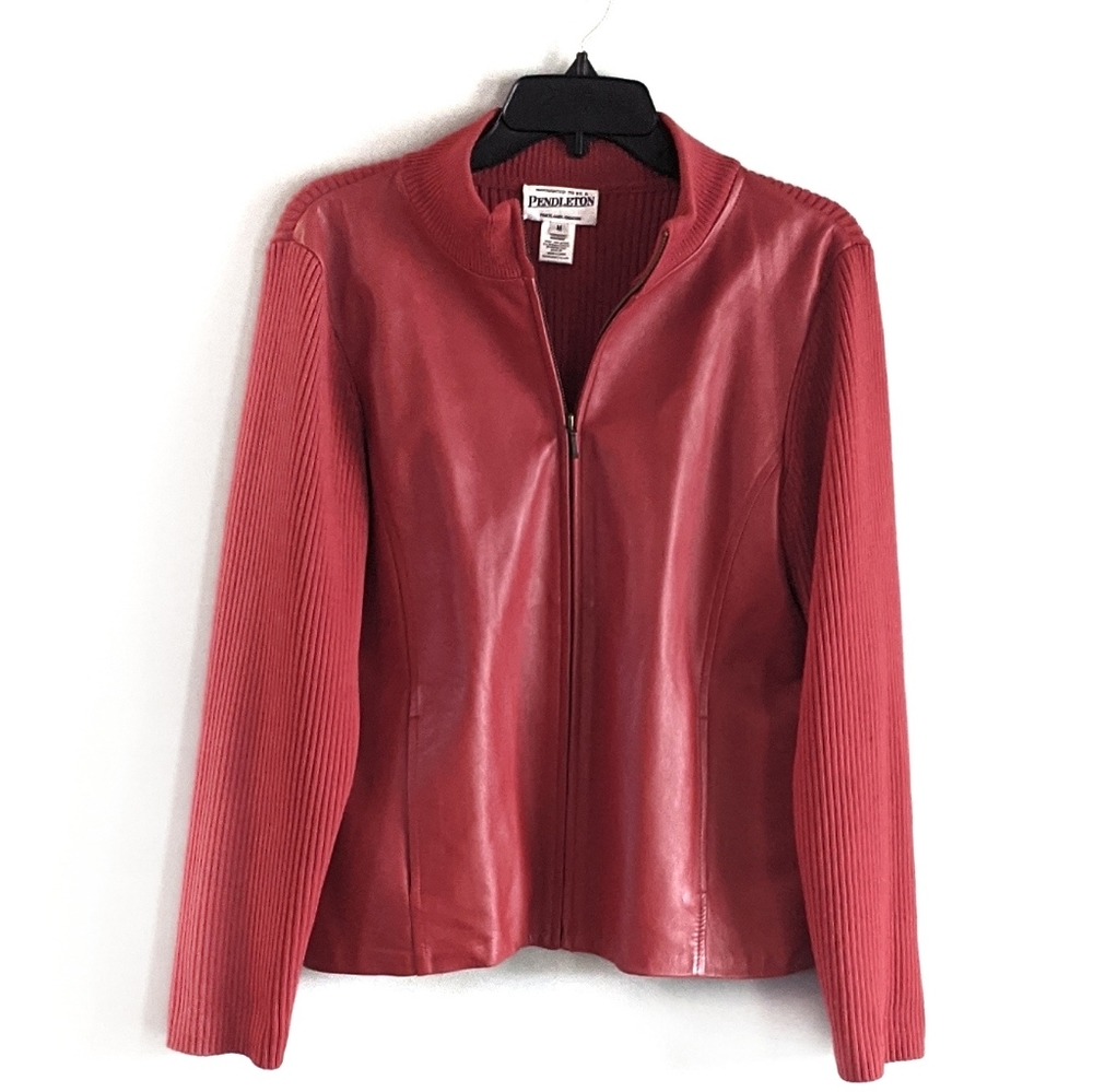 Pendleton Red Leather Sweater Jacket Size M Full Zip Merino Wool
